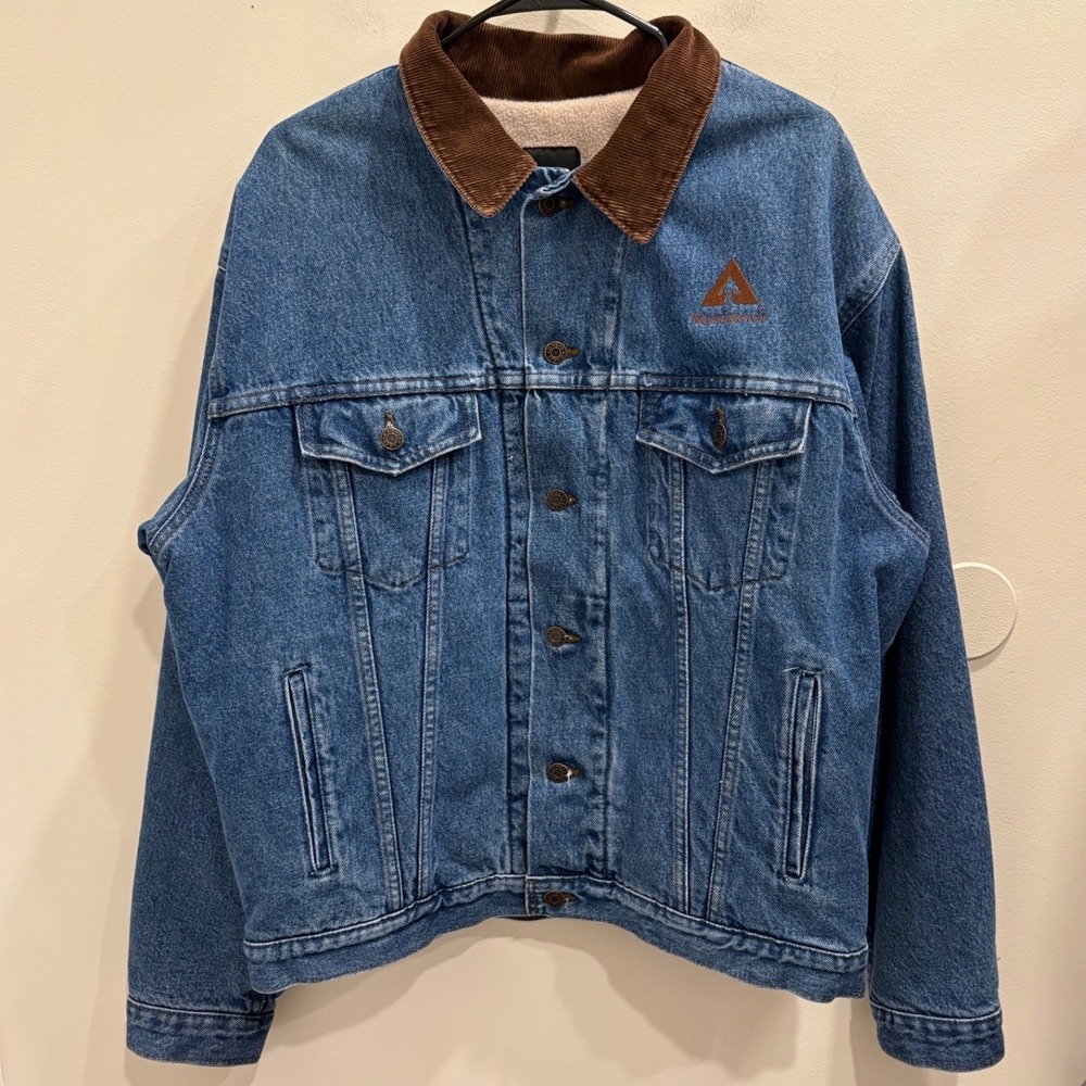 ID VTG Deadstock Mens Blue Sherpa Lined Denim Trucker Jacket Corduroy Collar L